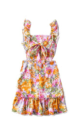 MINIKLEID MIT ECKIGEM AUSSCHNITT UND BLUMENMUSTER UND RÜSCHEN IN PINK